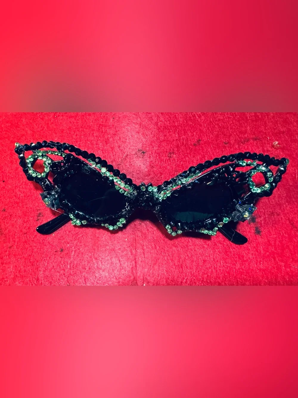 Embellished Black bat Sunglasses with Green Crystal Trim